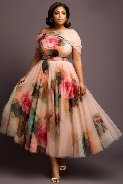 Xpluswear Design Plus Size Wedding Guest Multicolor Floral Off The Shoulder Pocket Tulle Midi Dresses