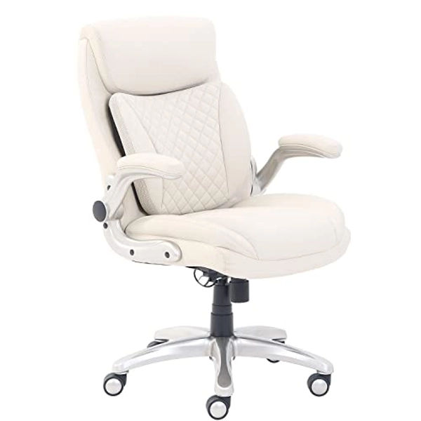 Amazon Basics Ergonomic Executive Office Desk Chair with Flip-up Armrests and Adjustable Height, Tilt and Lumbar Support, Cream Bonded Leather, 29.5"D x 28"W x 43"H (Previously AmazonCommercial brand)