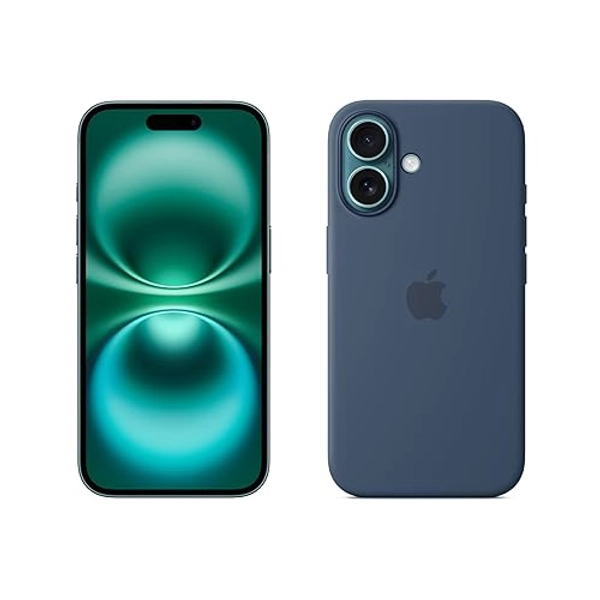 Apple iPhone 16 (256 Go) - Cyan + Coque en Silicone avec MagSafe - Denim
