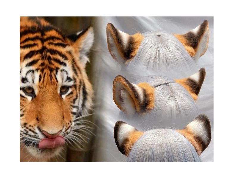 Handmade Yellow Black Tiger Ears Hairband Headband Hairclips Furry Faux Fur Cosplay Tiger Ears Costume Halloween Party Animal Fursuit