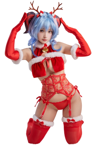 Christmas Sexy Lingerie Set Ganyu Derivative Halter Top and Thong with Lace Corset and Stockings Gloves