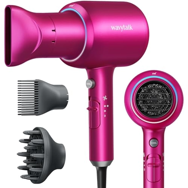 Wavytalk Negative Ions Hair Dryer Professional 1875 Watt Blow Dryer with Concentrator Diffuser and Nozzle Comb Fast Drying Light and Quiet with Ceramic Technology for All Hair Types Hot Pink