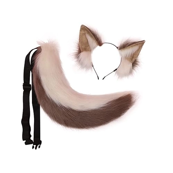 Fxaelian Anime Comic Fox Cat Dog Wolf Tail and Ears Headband Hairband Set Costume Accessory B Brown