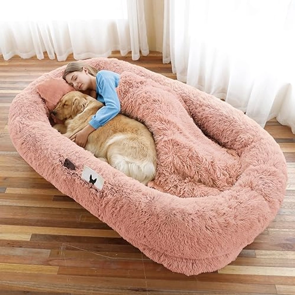 Human Dog Bed, 71''x45''x12'' Size Fits You and Pets, Washable Faux Fur Dog Bed for People Doze Off, Napping Orthopedic Dog Bed, Present Plump Pillow, Blanket, Strap - Pink