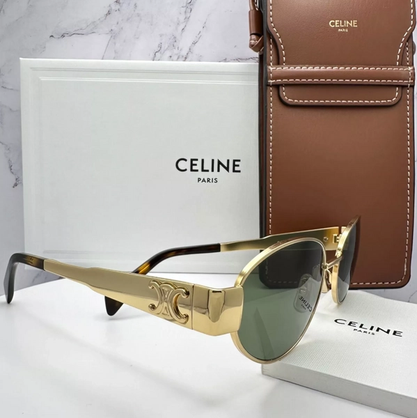 Celine Triomphe Metal CL40235U 30N Oval Sunglasses in Gold with Green Lenses