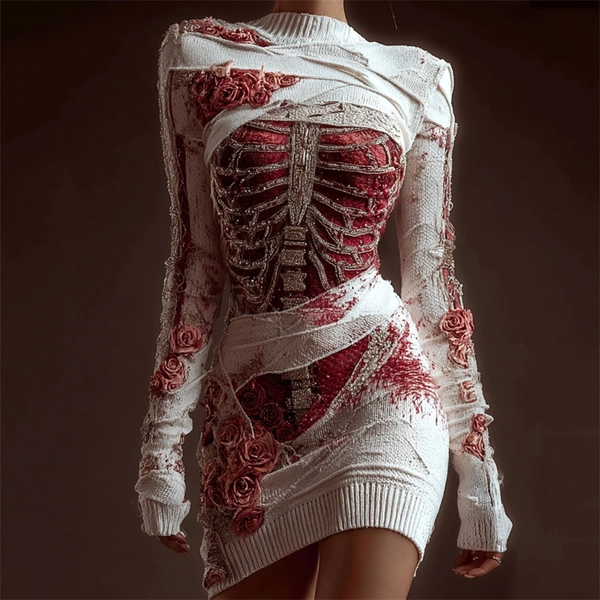 Classy Skeleton Anatomy Bloody Roses Bandages Knit Sweater Dress