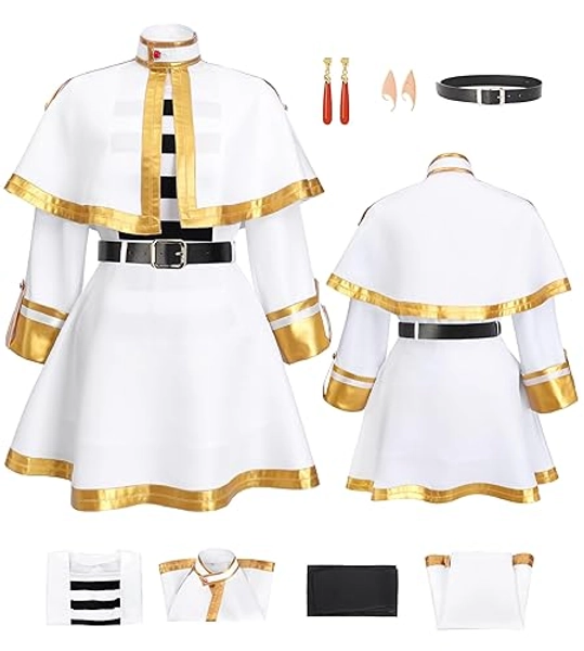 DAZCOS Cosplay Elf Costume Full Set White Cape Skirt Uniform with Pantyhose Belt Ears Halloween Outfit ﻿