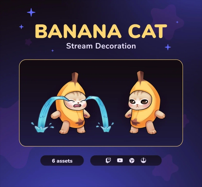 6 BANANA CAT Animated Stream Decorations for Twitch & OBS Studio | Crying cat, meme cat, jumping cat | Decoration Overlay | Vtuber Asset