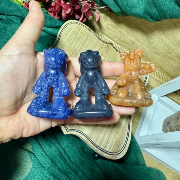 Detailed Sonic the hedgehog and Tails carvings, blue aventurine sonic, orange sunstone Tail