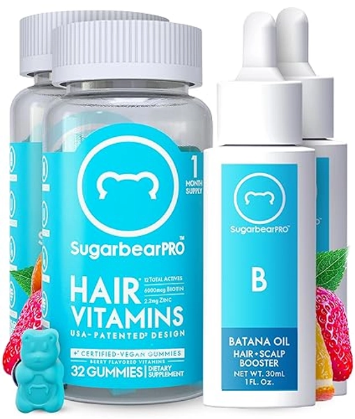 Sugarbear Hair Vitamin Gummy 2 Month Supply & 2 Pure Batana Natural Hair Growth Oil-Extra Strength Biotin 6000mcg, Women, Men, Vegan Vitamin B12, MSM, Inositol, Elderberry, Kosher, Halal, Cruelty-Free