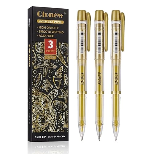 Qionew Gold Gel Pens, 3 Pack, 1mm Gold Gel Ink Pens,Opaque Gold Ink Pen,Gold Gel Pens for Artists, for Black Paper Drawing, Sketching, Illustration, Card Making, Bullet Journaling