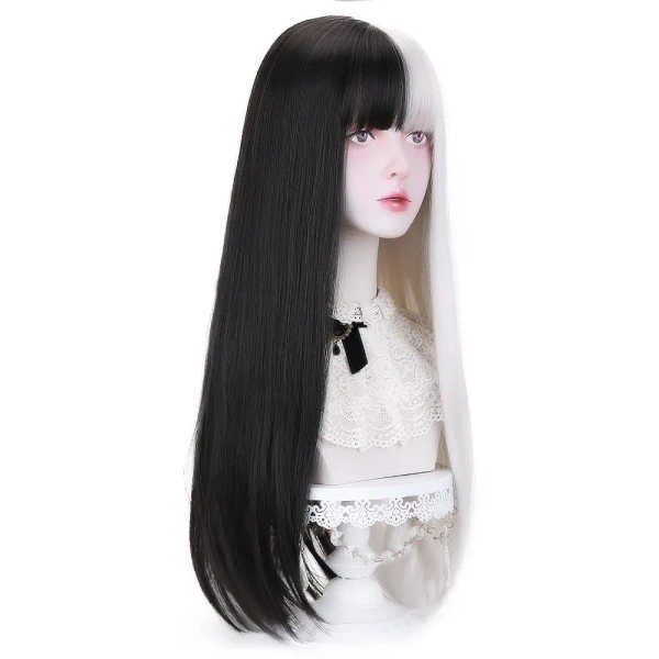 Half Zwart Half Wit Pruik Met Pony, Lange Rechte Anime Cosplay Pruik Voor Vrouwen, Hittebestendige Synthetische Halloween Haar Pruiken - AliExpress 