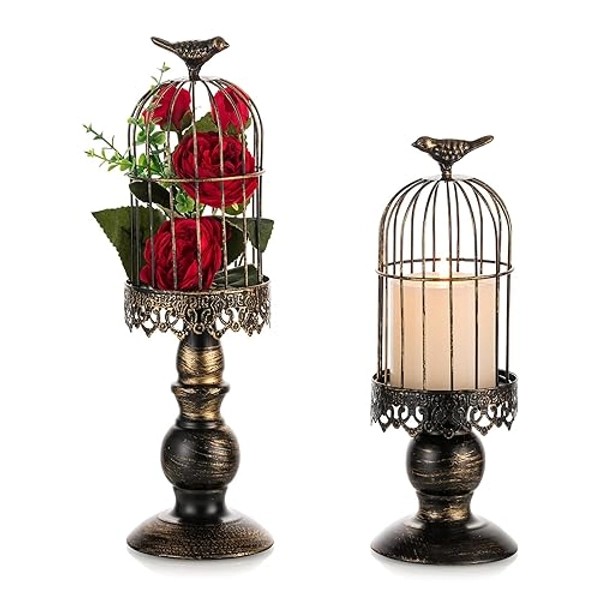 Nuptio Pilier Candlerser Noir: 2 Pièces Décoratives Birdcage Boldlers pour Les Bougies de Pilier, Gothique D'oiseau D'ornement de Noël Halloween Pâques Maison de Salon Table Maître