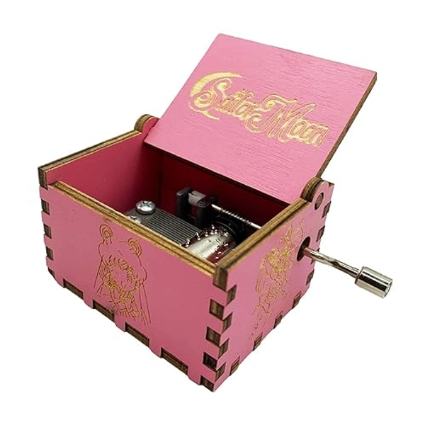 Sailor Moon Music Box Hand Crank Musical Box Carved Wooden Music Boxes Mini Size,Play Moonlight Densetsu Song,Pink