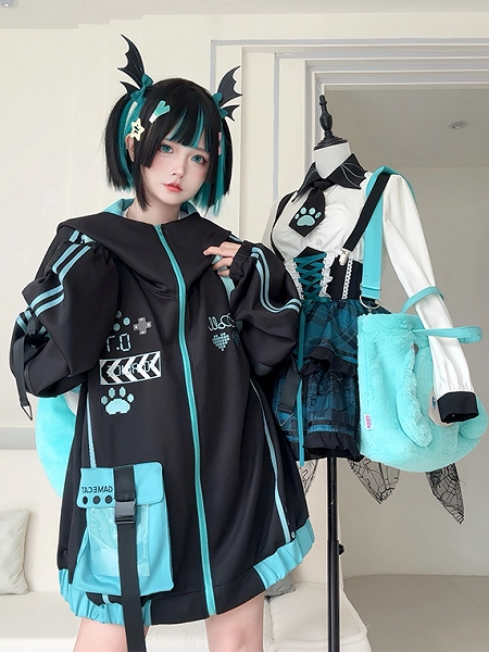 [$115.00]Black and Blue Futuristic Techwear Cyberpunk Hooded Jacket