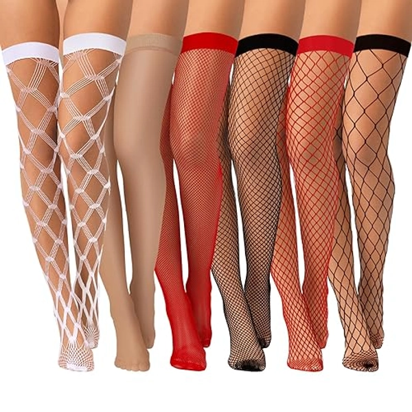 Janmercy 6 Pairs Women Fishnet Thigh High Stocking Elastic Band Top Sheer over Knee Silky Stockings for Women