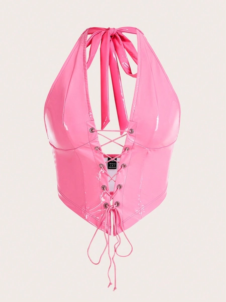 SHEIN ICON Top halter con cordón delantero PU