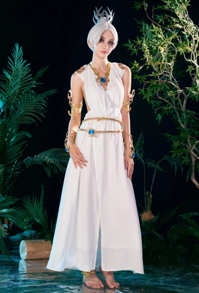 Baldur's Gate Shadowheart Cosplay Costume White Sleeveless Dress and Necklace with Anklet and Arm Ring