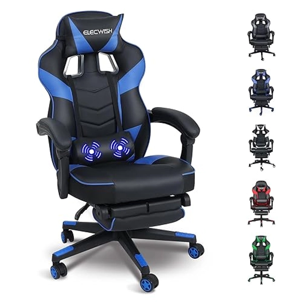 Fullwatt Gaming Stuhl, Bürostuhl Ergonomisch Racing Stuhl Massage Gamingstuhl mit Fußstütze 90-150° Rückenlehne Verstellbar, mit Abnehmbare Kopfstütze Lendenkissen, PU Leder Blau - Blau & Schwarz, für Erwachsener