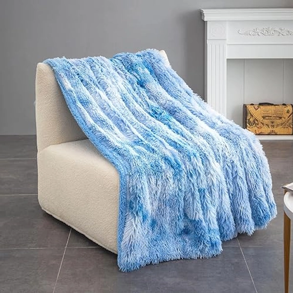 DANGTOP Faux Fur Throw Blanket, Tie Dye Fluffy Blanket, Super Soft Blue Blanket for Girls, Luxury Cozy Warm Plush Thick Sherpa Throws for Bed Couch Living Room (Blue, 59x79 inches)