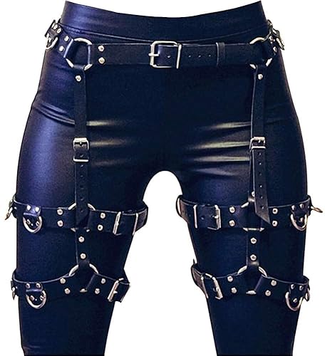 N/A/A LIDIAN Women's Leather Body Harness Strappy Gothic Garter Adjustable Punk Waist Leg Cincher Cage Belt, Black, Medium