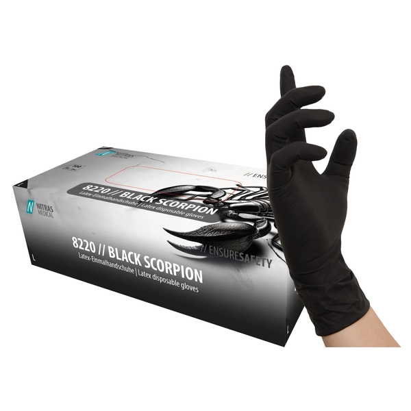 Box of 10 BLACK SCORPION Disposable Black Latex Gloves Boxes 8220