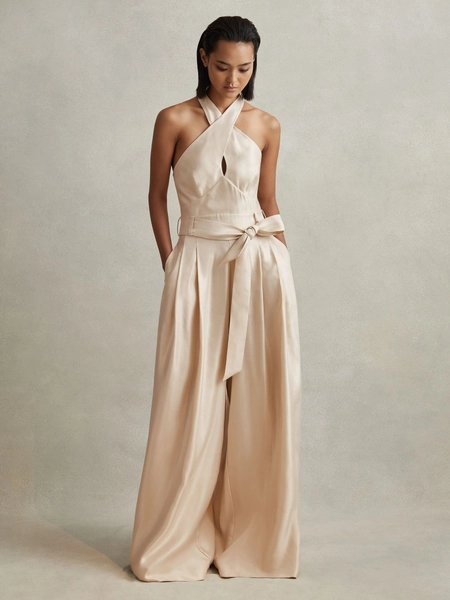 Viscose Linen Wide Leg Jumpsuit in Neutral