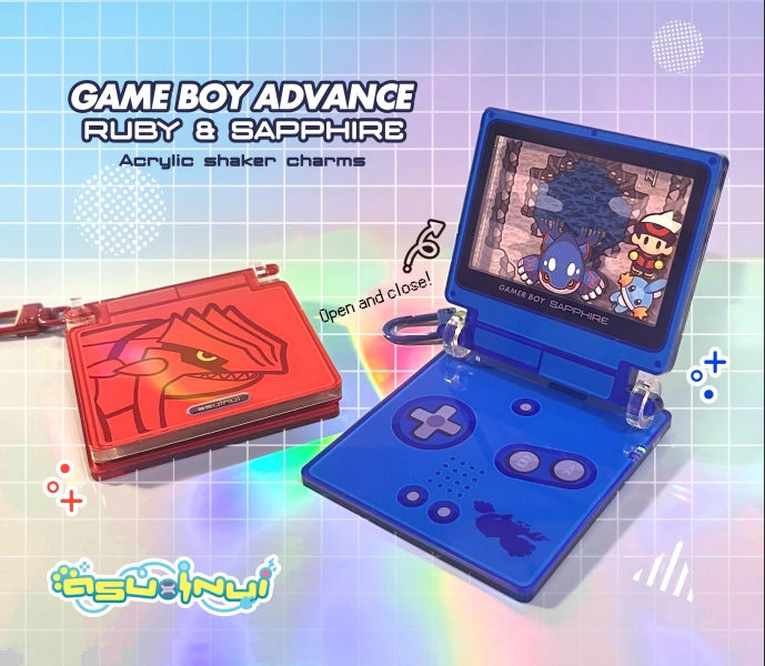 Game Boy Advance SP Ruby and Sapphire acrylic shaker charms
