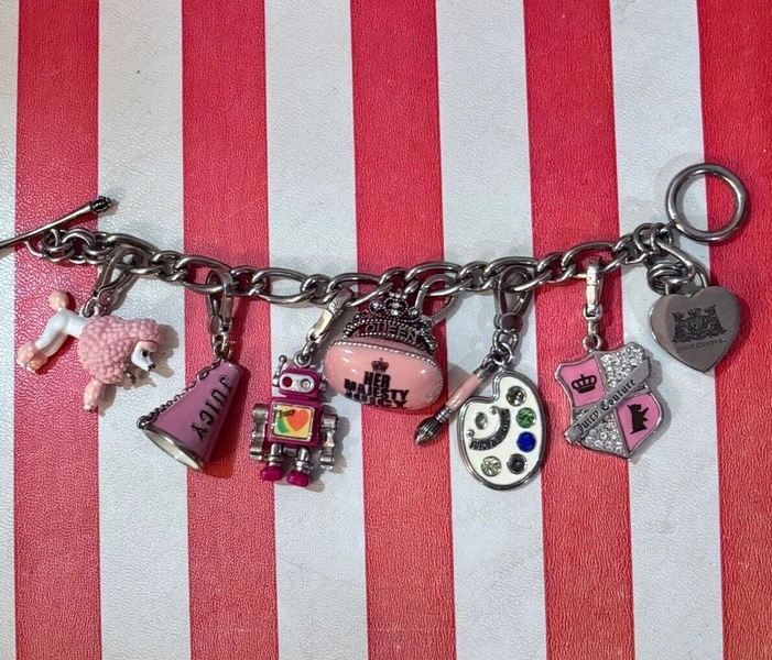 Vintage JUICY COUTURE Charm bracelet, robot poodle paint pallet, her majesty