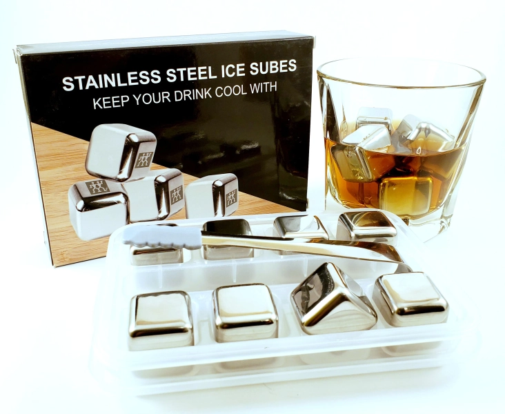 Stainless Steel Pack of 8 Reusable Ice Cubes Chilling Stones with Tongs & Freezer Storage Tray