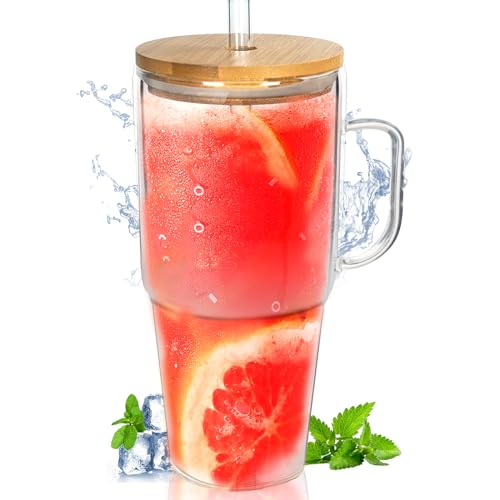 ANOTION Glass Cups with Lids and Straws - 40 Oz Tumbler with Handle and Straw Glass Water Bottles Drinking Glasses Glass Straws Iced Coffee Cups Travel Coffee Mug Smoothie Cup Glass Tumbler - Handle Large 40OZ Style