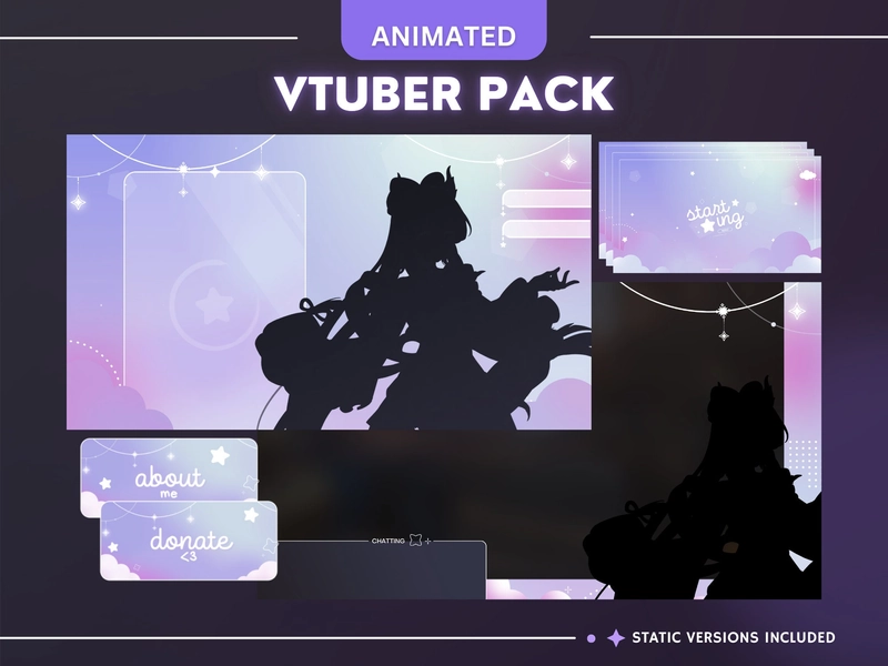 CANDY SKY Vtuber Animated Stream Pack - Minimal Gradient Starry Night Soft Aesthetic - Stream Screens, Overlays, Stinger Transition, Panels