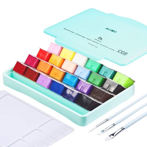 HIMI Gouache Färgkit 24 Färger Giftfria Färger Gelé Kopp Design med Färgborstar Palett Bärbar för Professionella Konstnärer Barn, Rikt Pigment, 30 ml/Kopp - 24 x 30ml Ljusgrön - Ljusgrön