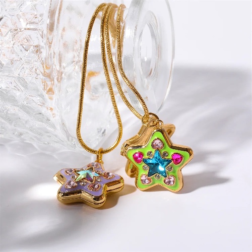 Y2K Charm Locket Necklace - Green Star / 40cm