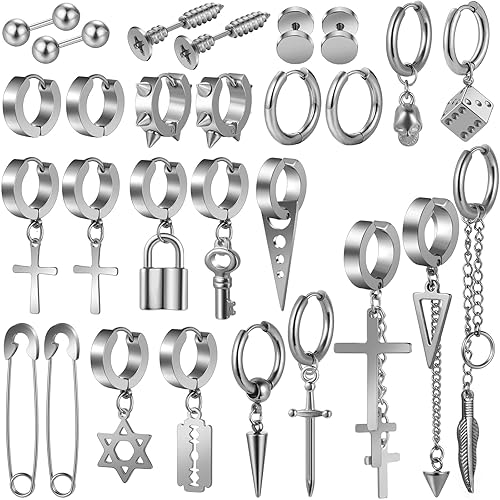 Black Cross Earrings for Men, 28 Pieces Stainless Steel Long Chain Dangle Piercing Hoop Earrings Set for Gifts - Silver