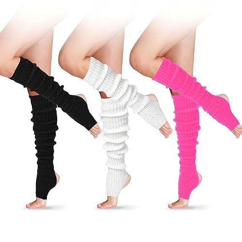 SATINIOR Long Stirrup Yoga Leg Warmers 24 Inch over the Knee Ribbed Knit Leg Warmer for Women 80s Party Dance Sports - One Size - Black, White, Rose Red - 3
