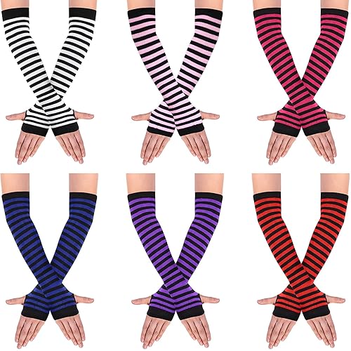 SATINIOR 6 Pairs Long Fingerless Gloves for Women Knit Thigh High Striped Arm Warmer Thumb Hole Stretchy Gloves - Bright Color