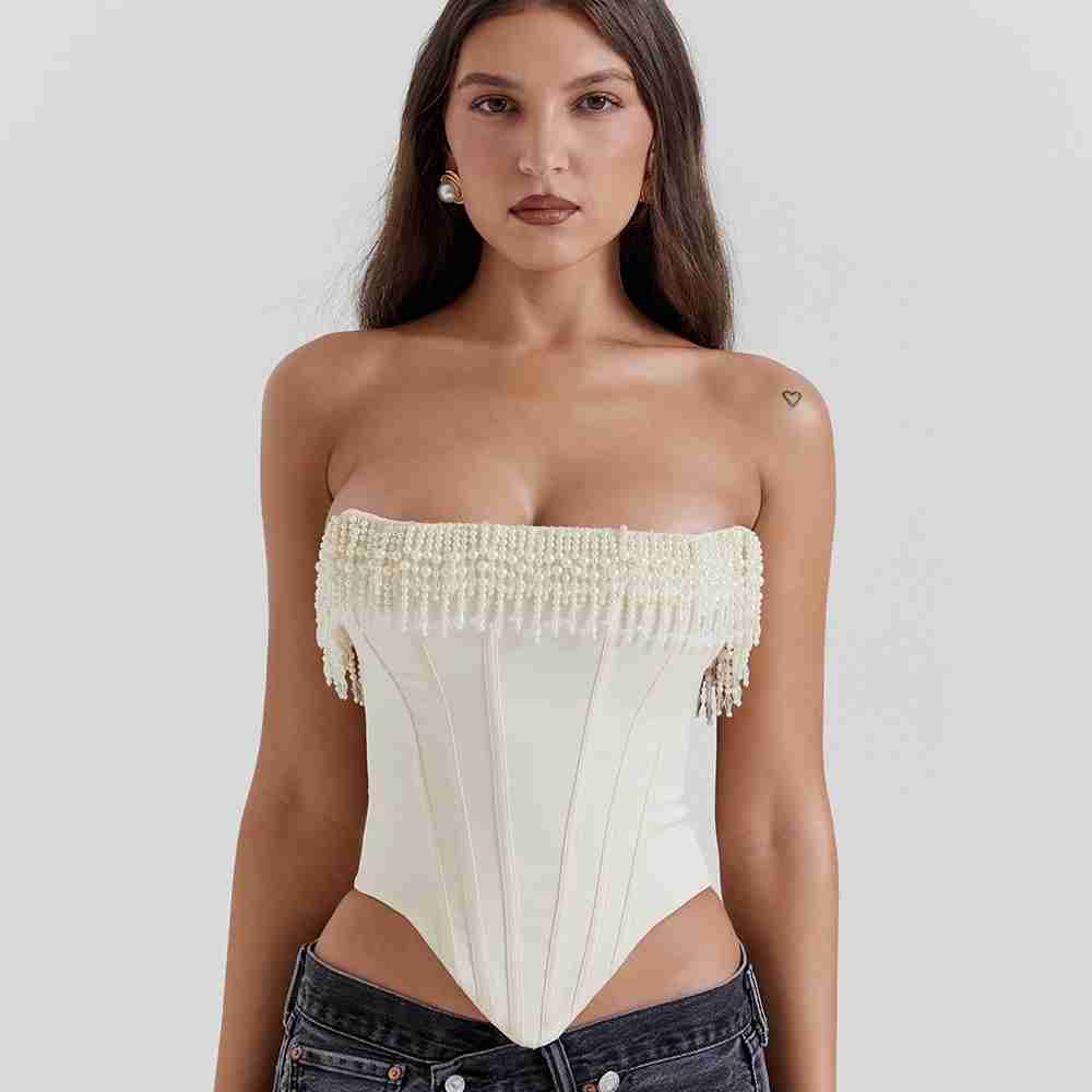 Aubrie Vintage Cream Embellished Satin Corset - SALE