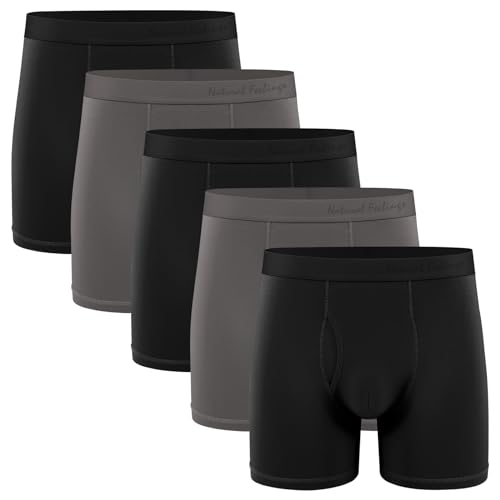 Natural Feelings Boxer Briefs Mens Underwear Men Pack Soft Cotton Open Fly Underwear - Medium - A1: Black Grey Pack 5