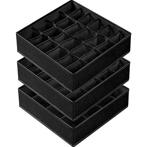 Criusia 3 Pack Sock Underwear Organizer Dividers, 64 Cell Fabric Foldable Cabinet Closet Organizers and Storage Boxes for Storing Socks, Underwear, Ties (16+24+24 Cell, Black) - A- 3 Pack & 64 Cells - Black