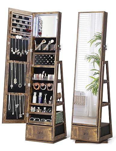 Nicetree 360° Swivel Jewelry Cabinet with Lights, Touch Screen Vanity Mirror, Rotatable Full Length Mirror with Jewelry Storage, Standing Jewelry Armoire Organizer, Christmas Gifts, Rustic Brown - Rustic Brown