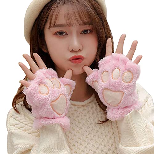 Lifenanny Cute Cat Paw Gloves Winter Soft Warm Fingerless Cosplay Faux Fur Plush Gloves Kawaii Gloves for Women Girls - pink