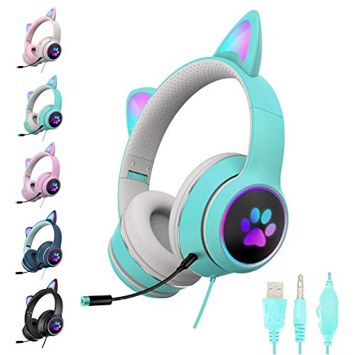 Faxiang Cat Ear Wired Headphones with Mic, Headset with Noise Canceling Microphone - light blue