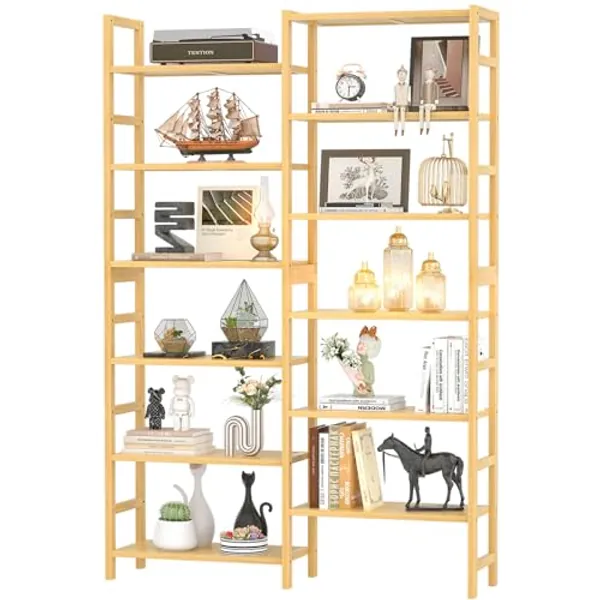 Homykic Double Wide 6-Tier Bamboo Bookshelf, 6ft Tall Bookcase with 12 Open Display Shelves, Large Book Shelf Freestanding for Home Office, Bedroom, Living Room, Easy Assembly, Natural