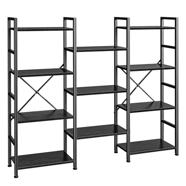 SUPERJARE Triple 4 Tier Bookshelf, Bookcase with 11 Open Display Shelves, Wide Book Shelf Book Case for Home & Office, Black