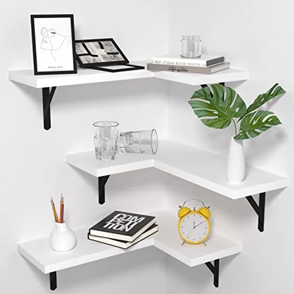 NATURE'S SOURCE Floating Corner Shelves Set of 3, Corner Shelves Wall Mounted, Floating Shelves for Bedroom Kitchen Living Room Bathroom Office- Gothic Style (White, Large)