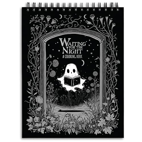 ConQuest Journals Waiting for the Night Coloring Book, Bookish-Themed Gothic-Inspired Color Pages, 30 Perforated Premium 160 gsm Paper Sheets, Top-Spiral, Durable Board-Wrapped Bookboard, 8'' x 10.5''