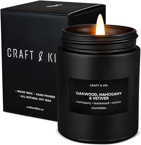 Craft & Kin Premium Oakwood, Mahogany & Vetiver Candle | Black Scented Candles for Men | Long Lasting with 45 Hour Burn Time, 7.6oz | Made with Soy | Aromatherapy at Home | Gifts for Men - Oakwood, Mahogany & Vetiver - Black Jar - 7.6oz