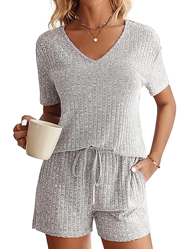 Ekouaer Womens Ribbed Knit Lounge Set Short Sleeve Top and Shorts Sleepwear Pajama Set Two Piece Shorts Outfits Set - Standard - Large - Light Gray