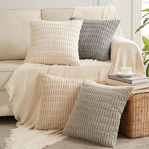 Fancy Homi 4 Packs Neutral Decorative Throw Pillow Covers 18x18 Inch for Living Room Couch Bed Sofa, Rustic Farmhouse Boho Home Decor, Soft Plush Striped Corduroy Square Cushion Case 45x45 cm - 18" x 18" (Pack of 4) - Neutral